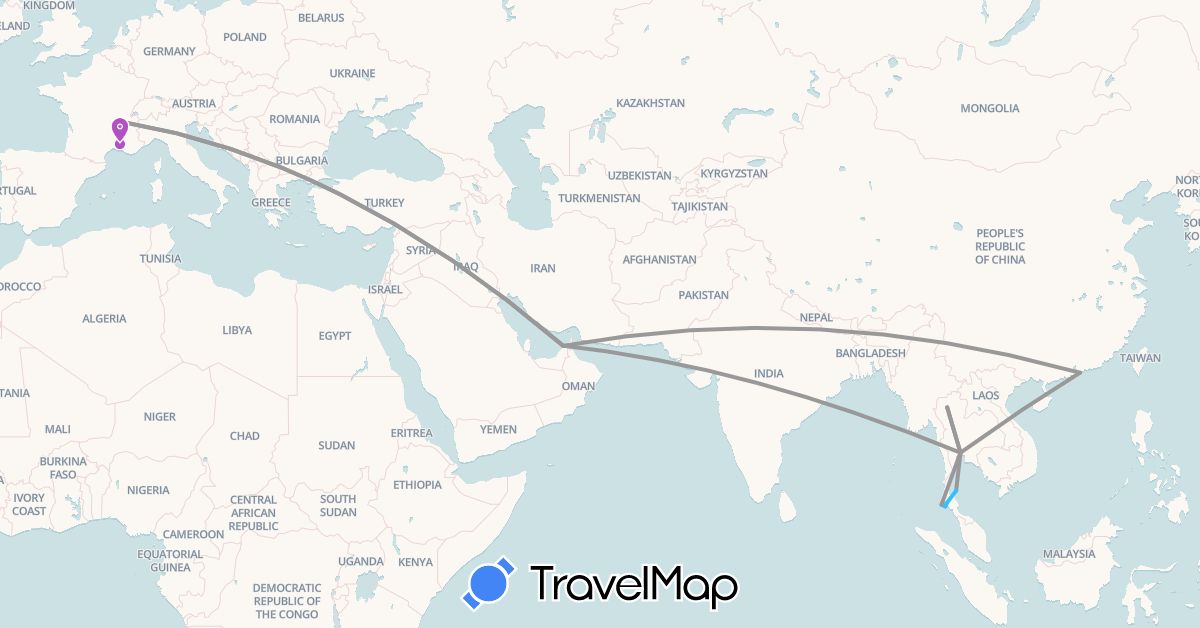 TravelMap itinerary: driving, plane, train, boat in United Arab Emirates, France, Hong Kong, Thailand (Asia, Europe)